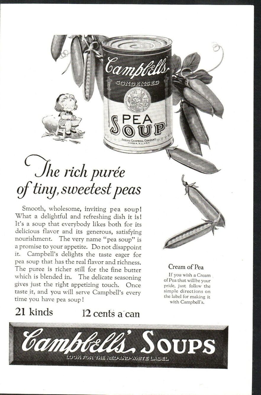 1927 Campbell's Pea Soup Kitchen Food Ephemera Vintage 1920's Print Ad Retro